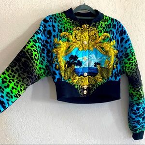 Versace x H&M cropped neon leopard bomber